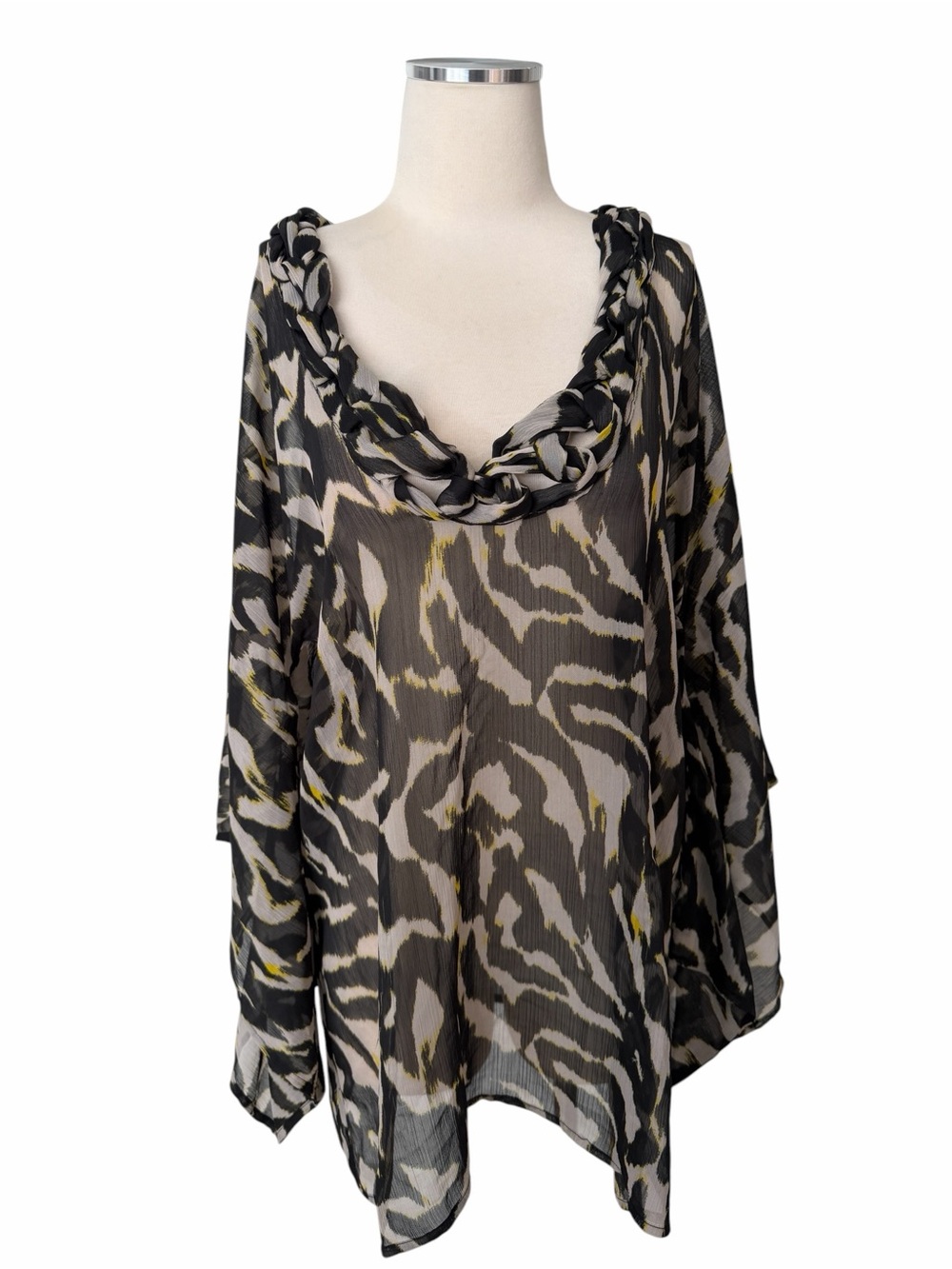 Alberto Malaki Sheer Black White Yellow Animal Print Kimono Tunic Top Sz M